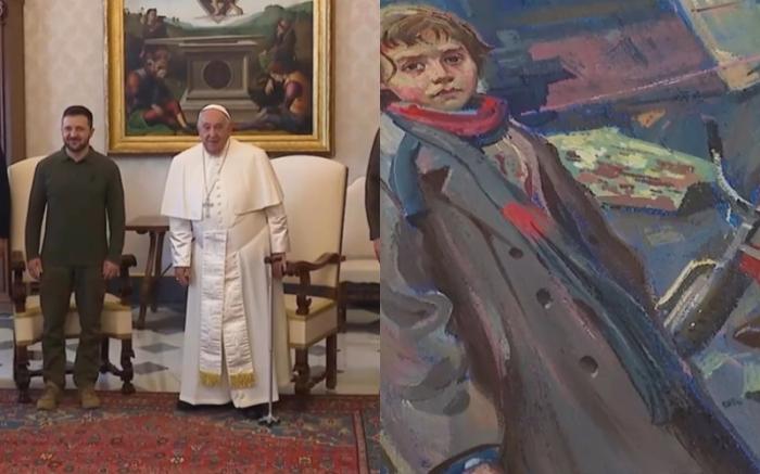 Zelensky entrega pintura sobre Massacre de Bucha ao Papa Francisco em encontro no Vaticano